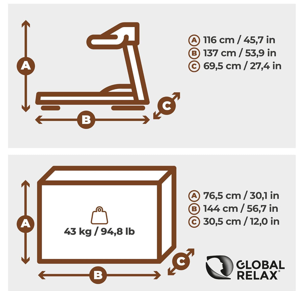 Tapis de course GLOBAL RELAX Vitesses de 1 à 20 km/heure Inclinaison automatique et manuelle (Ecran LCD et digital Bluetooth USB)