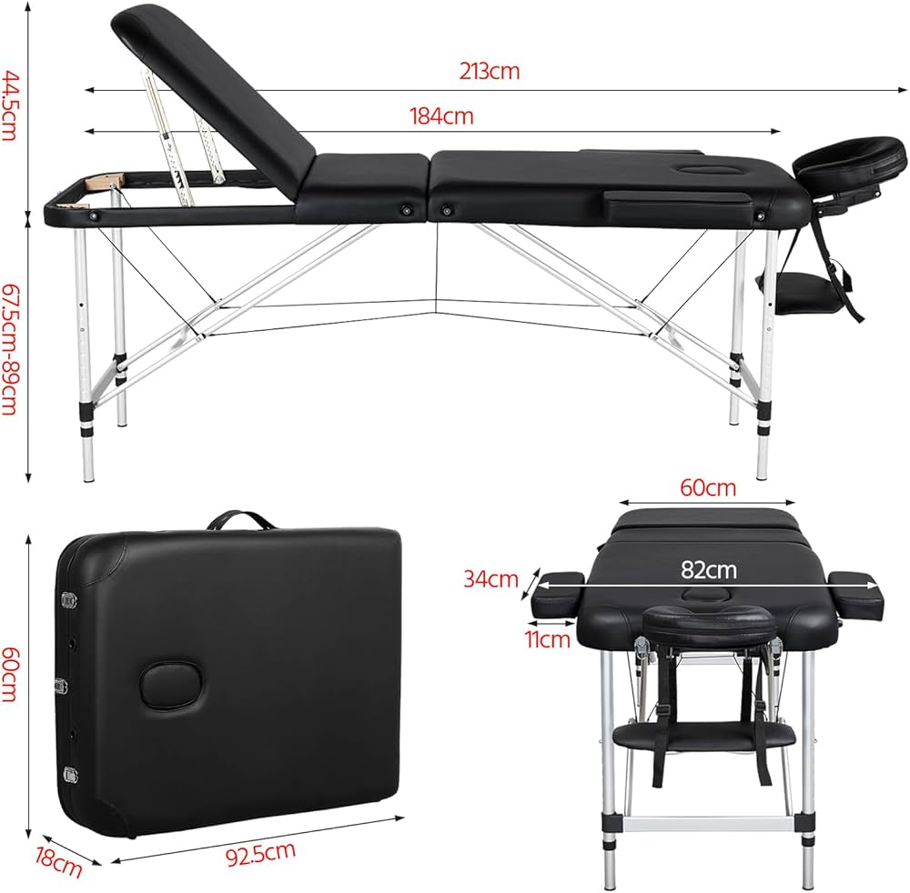 Table de massage portable avec 3 zones, table de massage réglable en hauteur avec appui-tête et repose-mains, surface de couchage 185 × 60 cm
