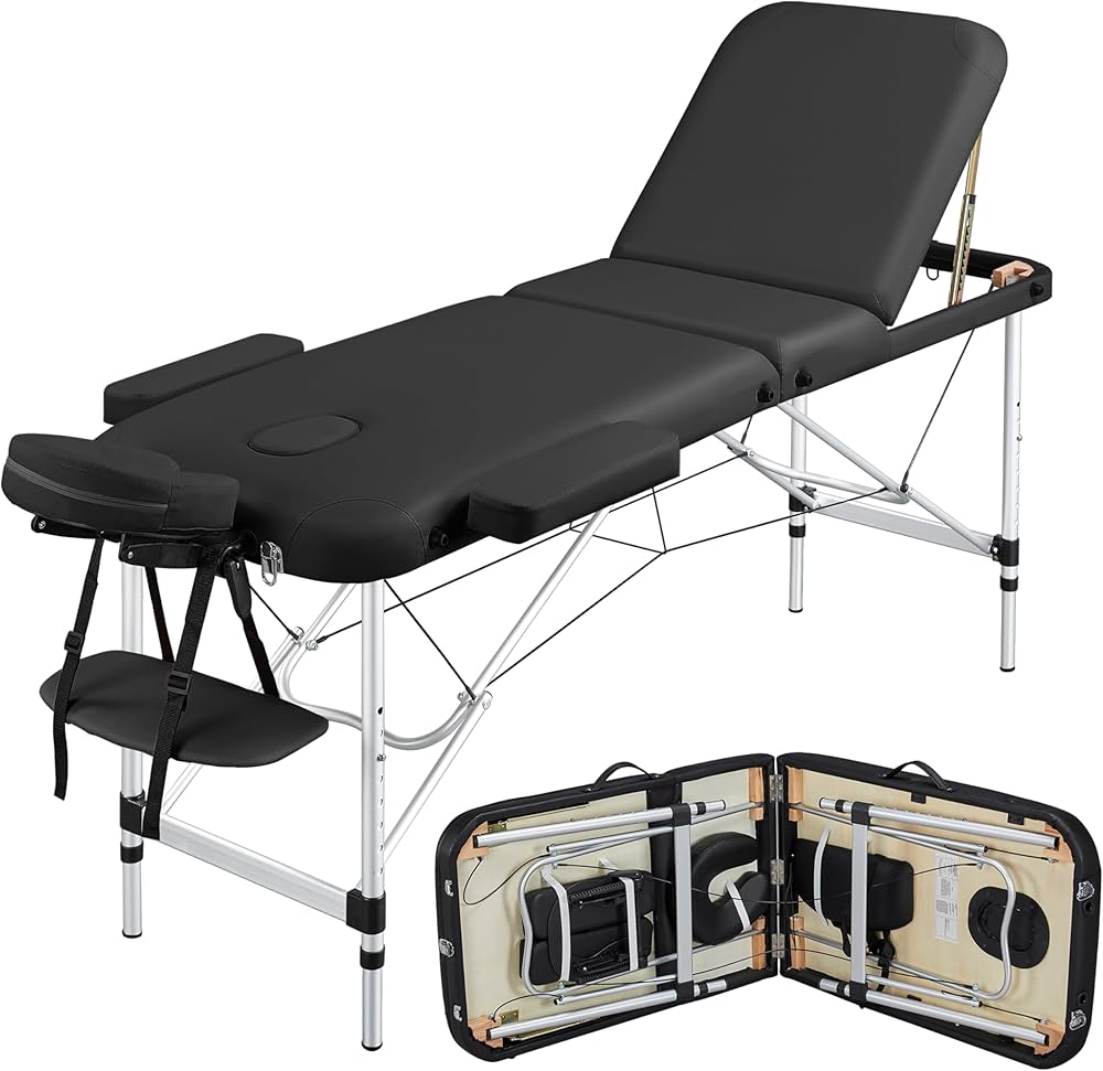 Table de massage portable avec 3 zones, table de massage réglable en hauteur avec appui-tête et repose-mains, surface de couchage 185 × 60 cm
