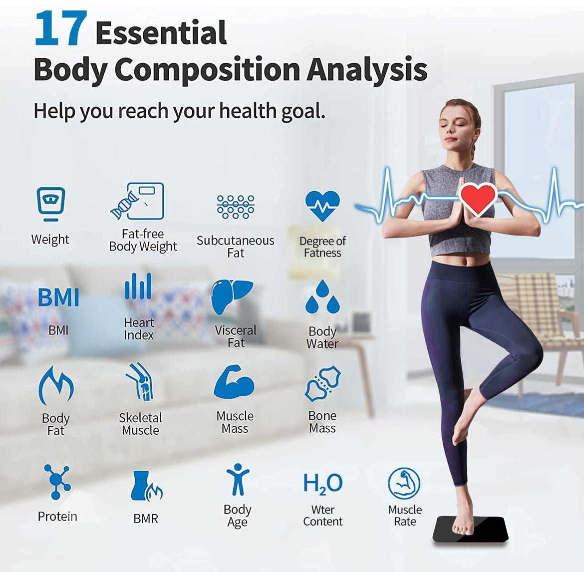 Pèse-personne intelligent avec analyseur de graisse corporelle, connecté Bluetooth et application (noir)
