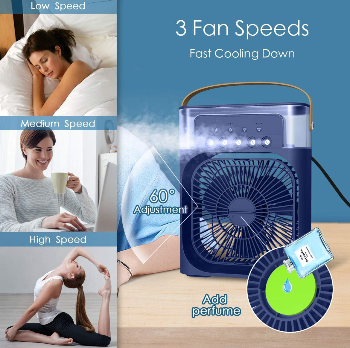 Ventilateur de climatisation portable Humidificateur d'air alimenté par USB 7 LED Petit refroidisseur d'air avec 3 vitesses Ventilateur de refroidissement ultra silencieux
