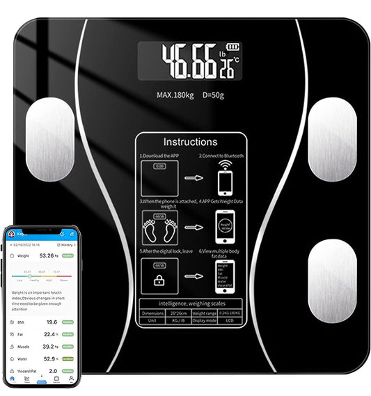 Pèse-personne intelligent avec analyseur de graisse corporelle, connecté Bluetooth et application (noir)