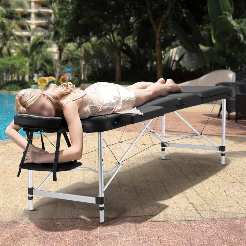 Table de massage portable avec 3 zones, table de massage réglable en hauteur avec appui-tête et repose-mains, surface de couchage 185 × 60 cm
