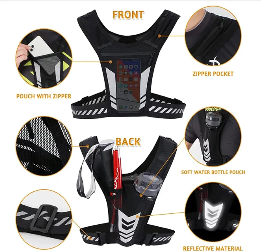 Veste de Running Porte-Téléphone et Bouteille d'Eau, Zip Reflectif, Adaptable et Respirante