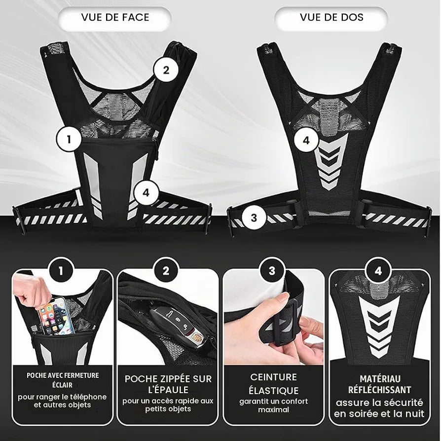 Veste de Running Porte-Téléphone et Bouteille d'Eau, Zip Reflectif, Adaptable et Respirante